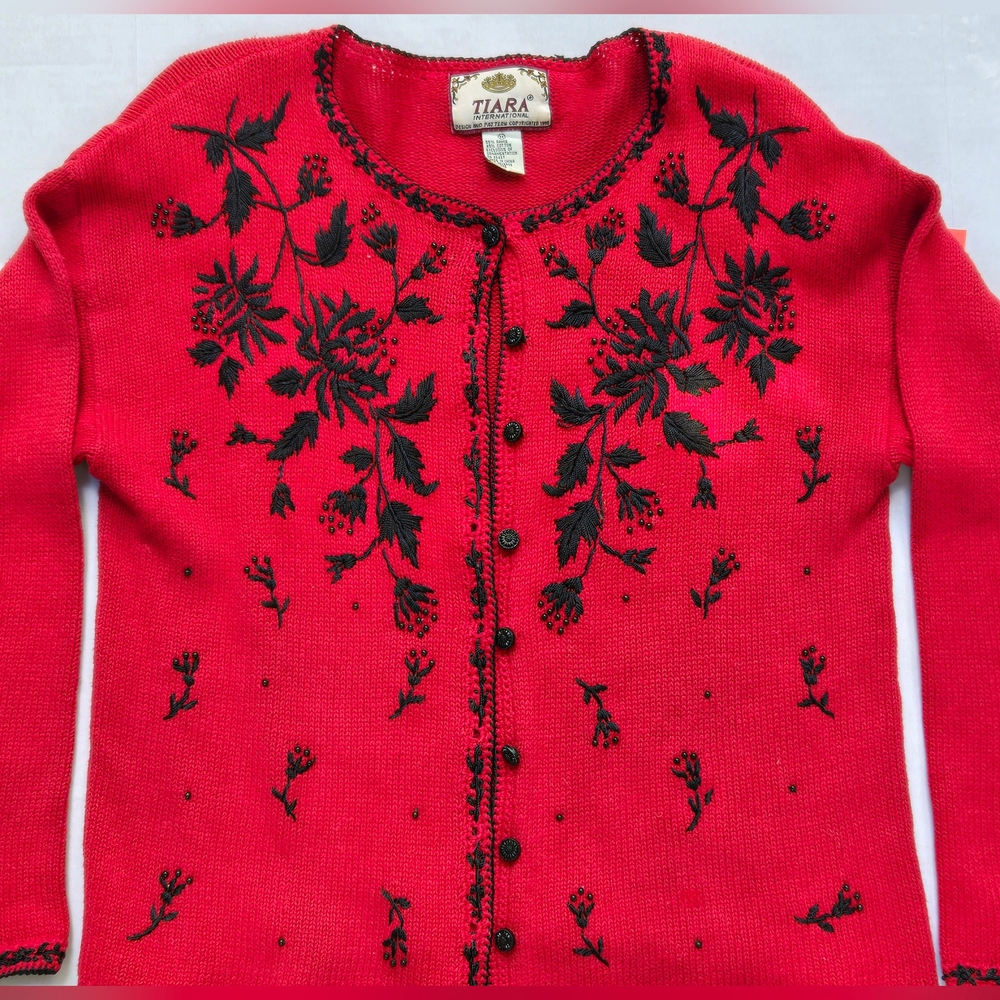 Vtg Tiara Intl Cardigan Womens M Red Goth Beaded Floral Embroidered Knit Sweater